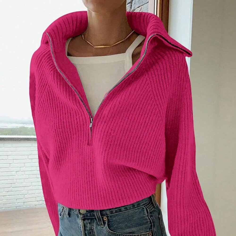 Hot Pink Casual Women's V Neck Half-Zip Lapel Ribbed Sweater